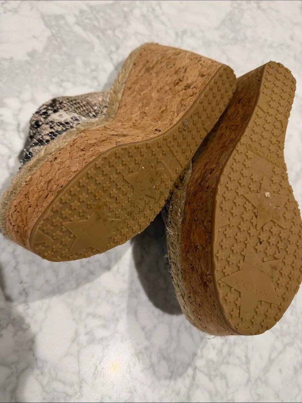 Jimmy Choo Knotted Natural Snake Print Leather Platform Wedge Sandal   37.5
